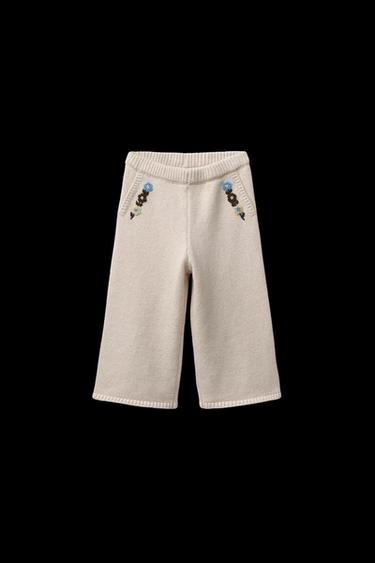 Zara EMBROIDERED FLORAL KNIT PANTS - Ecru