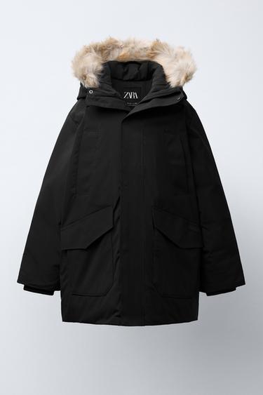 LONG WATER-REPELLENT DOWN PUFFER JACKET WITH DETACHABLE FAUX FUR HOOD — ЧЕРНЫЙ от Zara