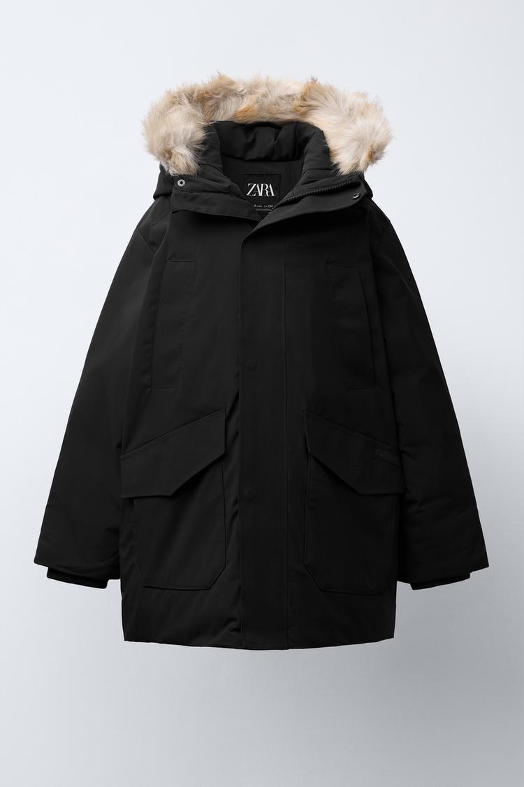 LONG WATER REPELLENT FEATHER DOWN PUFFER COAT WITH REMOVABLE FAUX