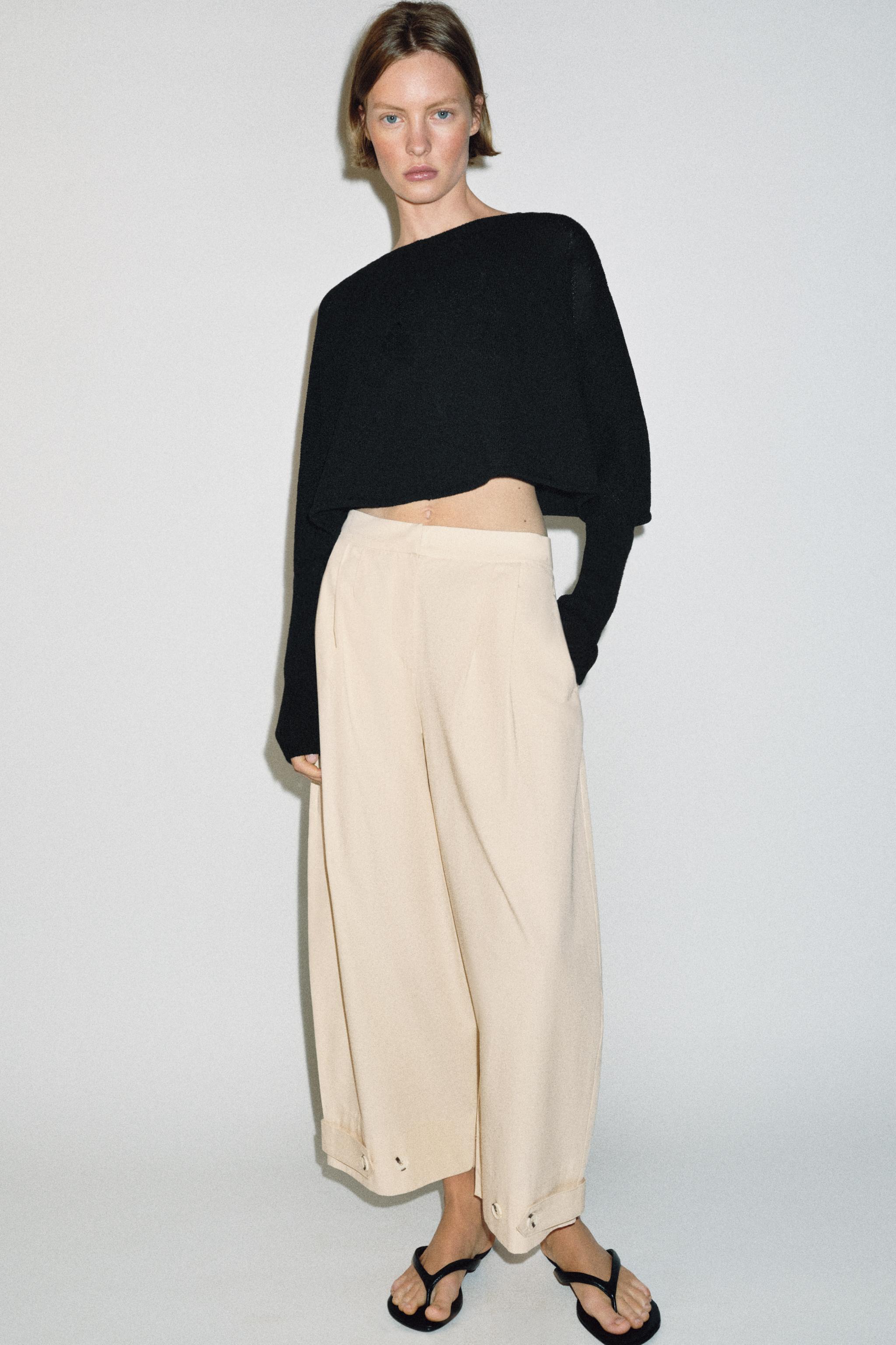 BARREL TROUSERS WITH ADJUSTABLE HEM — Ecru