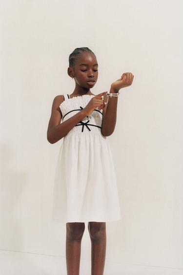 DRESS WITH CONTRAST TRIM AND BOWS - Ecru / Black by Zara