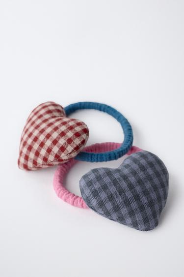 2-PACK GINGHAM HEART HAIR TIES — Multicolored 2