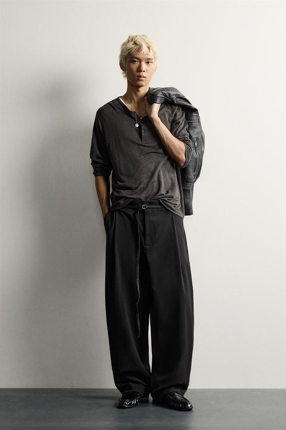 Zara BELTED PLEATED BALLOON FIT PANTS - Black - Image 0