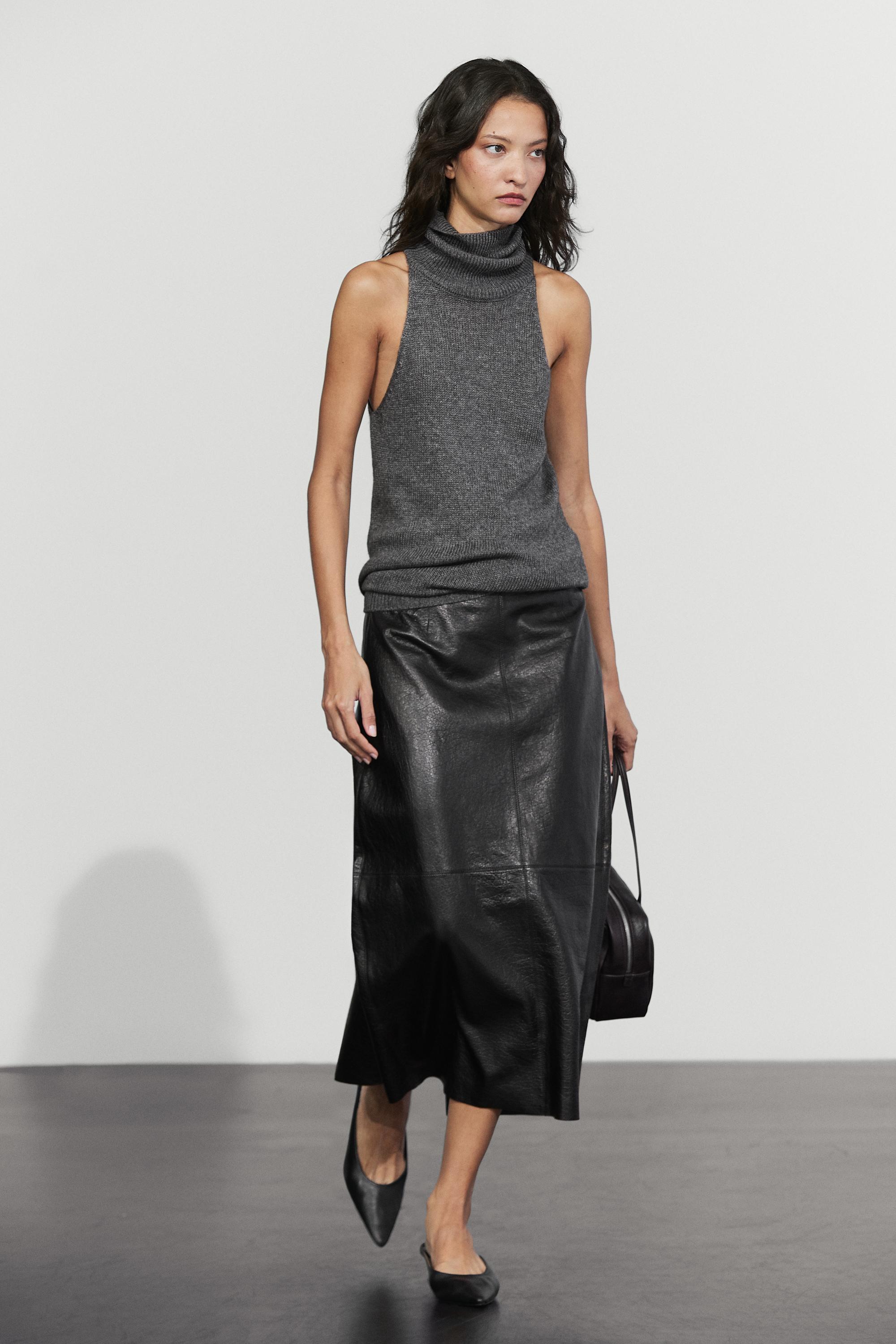 Midi balloon  skirt with Nappa leather seams