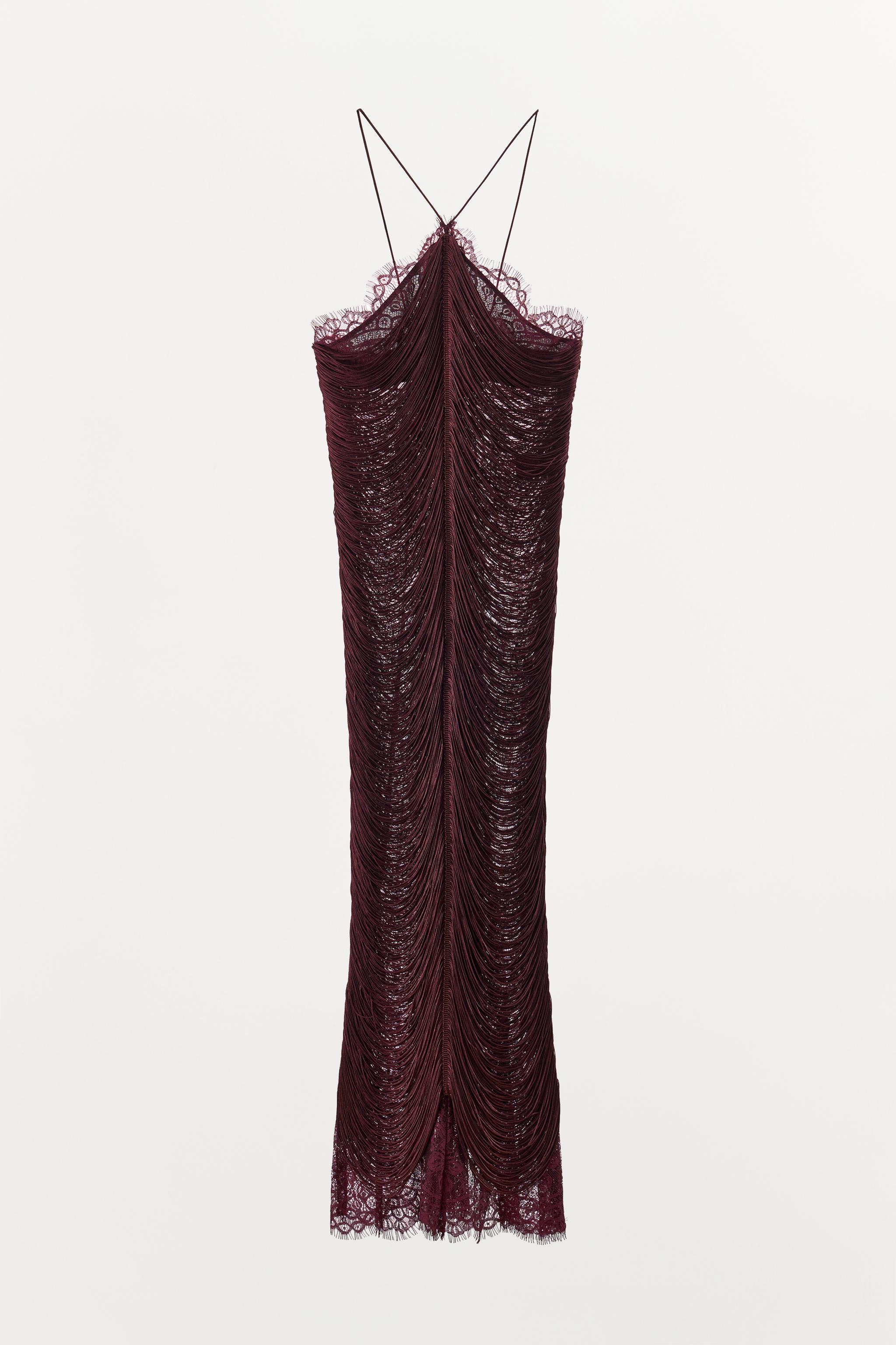 FRINGED LACE HALTER DRESS - Burgundy | ZARA United States FRINGED LACE HALTER DRESS - Burgundy | ZARA United States