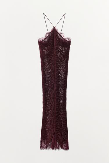 HALTER LACE FRINGE DRESS - Burgundy by Zara - Image 3