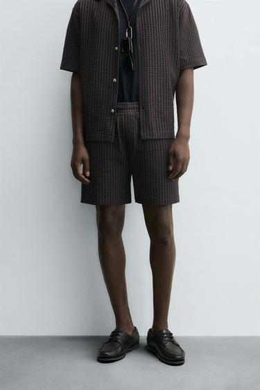 Zara COMFORT STRIPED SEERSUCKER SHORTS - Brown-Blue
