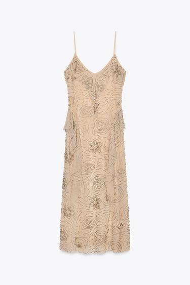 Zara SHIMMERING RUFFLED MIDI DRESS - Beige-pink