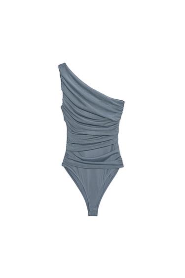 ASYMMETRIC DRAPED TULLE BODYSUIT
