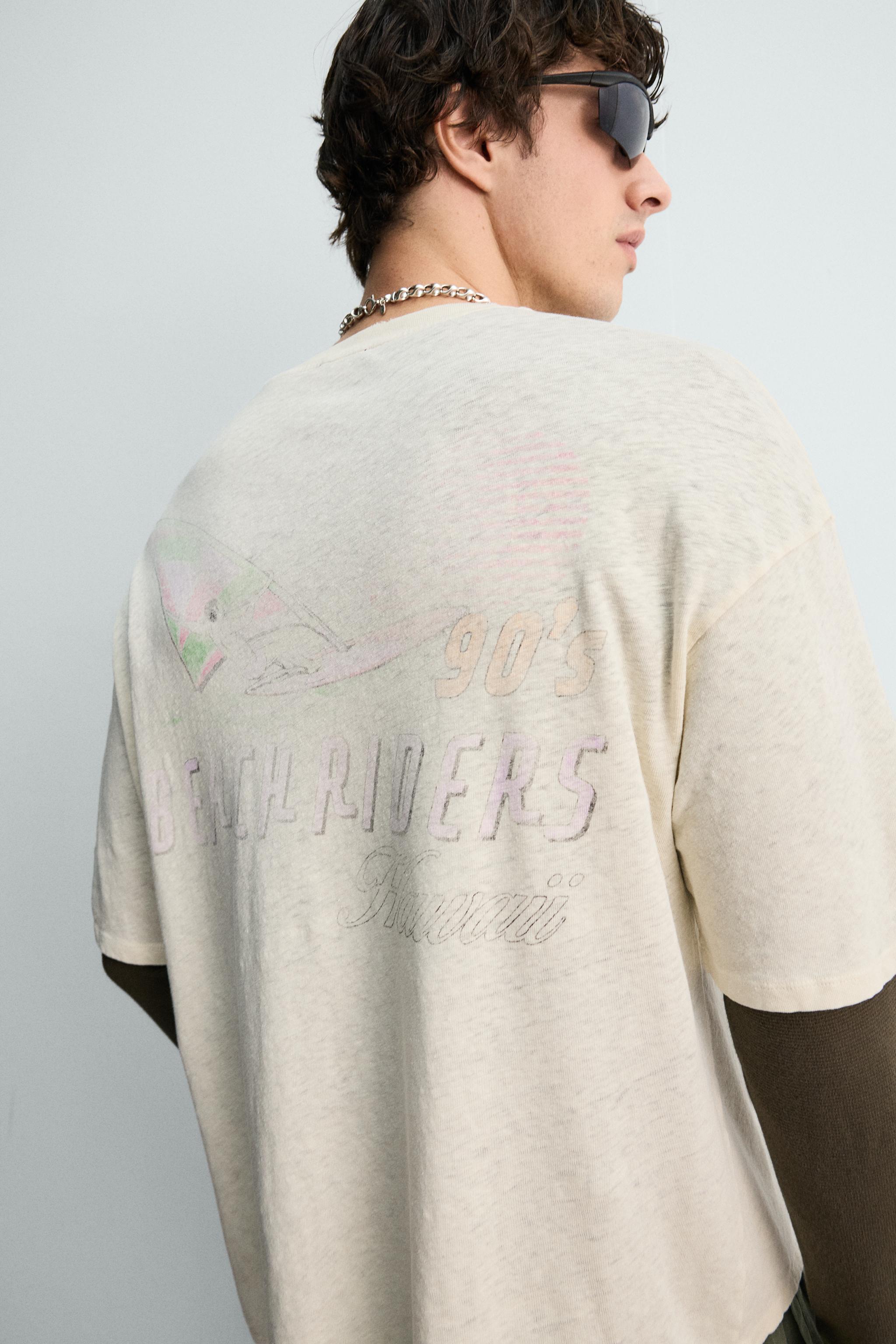 Zara HAWAII YIKAMALI KETEN PAMUKLU T-SHIRT görsel 6