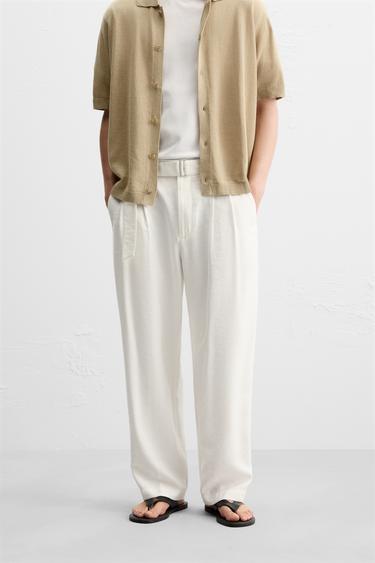 CALÇA COM PREGAS E CINTO - Branco-marfim da Zara