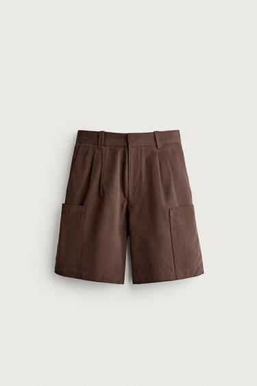 Zara 休閒版工裝打褶短褲 - 棕色