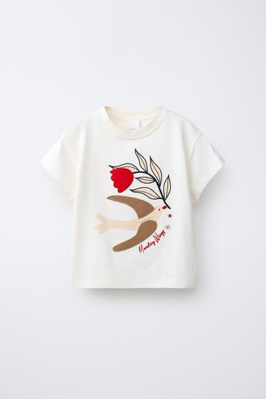 Zaras T-SHIRT MED LAPP MED BRODERI - Naturfärg