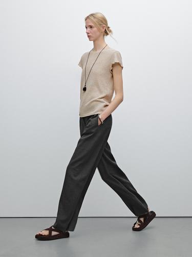 Zara Knit T-shirt with wavy trim detail - Stone