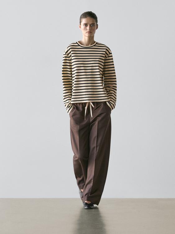Wool blend contrast drawstring trousers
