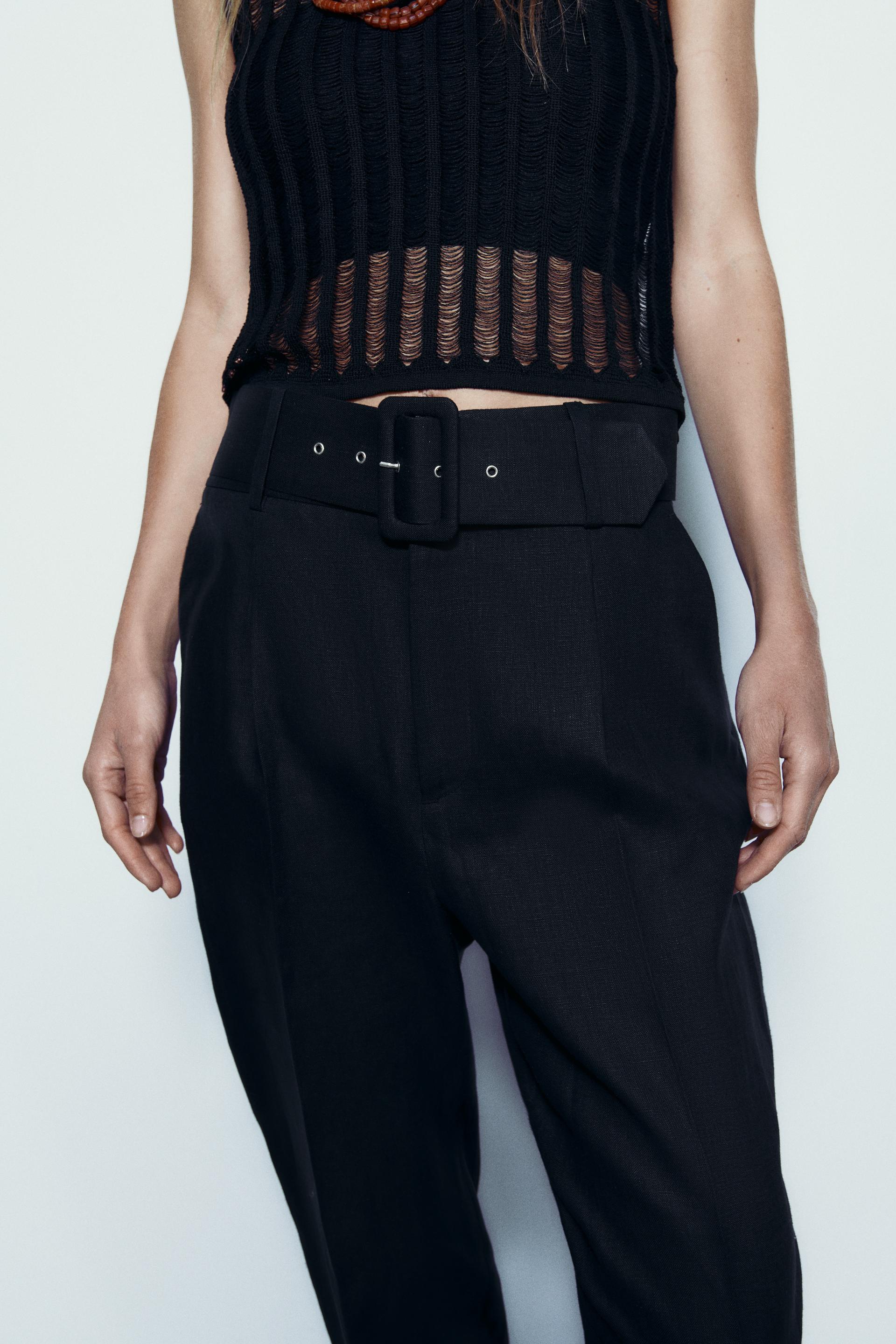 LINEN TROUSERS WITH BELT - Black