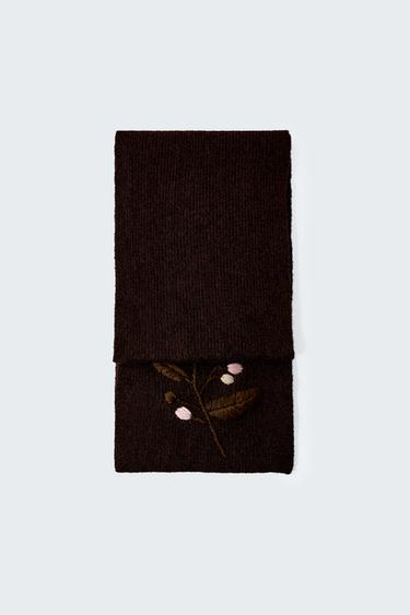 KNIT SCARF WITH FLORAL EMBROIDERY - Brown by Zara