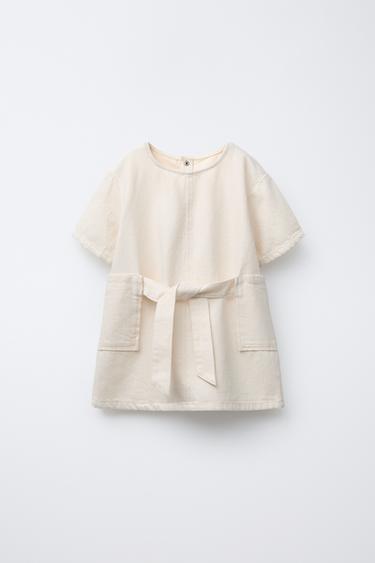 VESTIDO SARGA CINTURÓN LAZO - Crudo de Zara