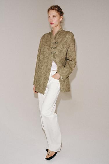 Zara ZW COLLECTION JACQUARD FIREMAN CLASP BLAZER - Light beige