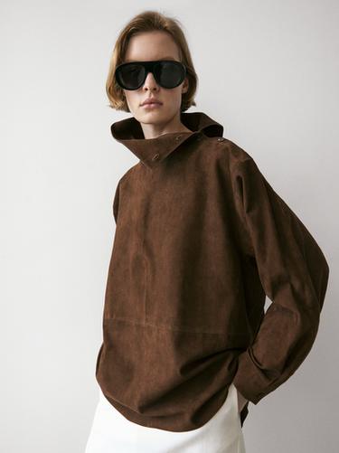 Zara Suede leather oversize blouse with high neck - Brown