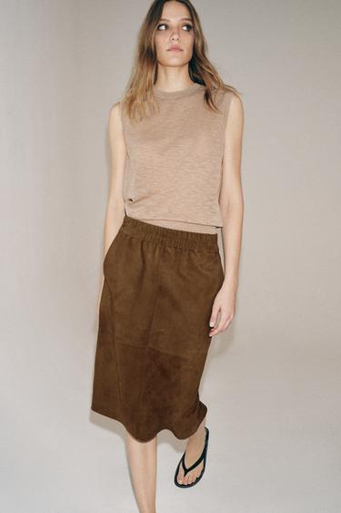 Zara SUKNJA OD BRUŠENE KOűE ZW COLLECTION LIMITED EDITION – karamela
