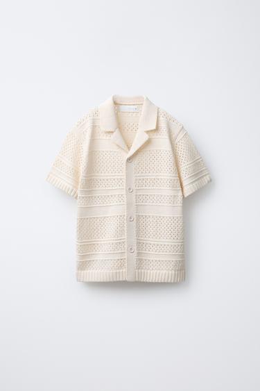 Zara CROCHET KNIT SHIRT - Ecru