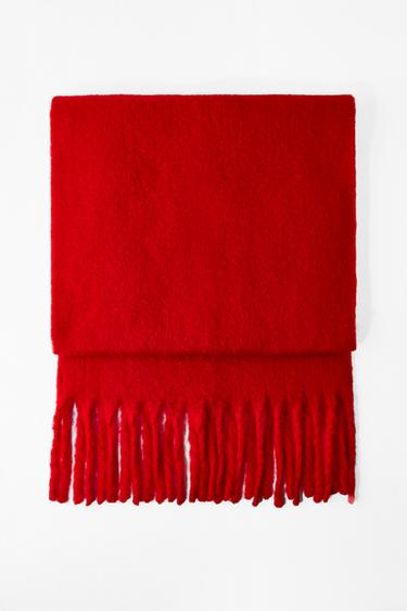 Zara PLAIN FRINGED SCARF - Red