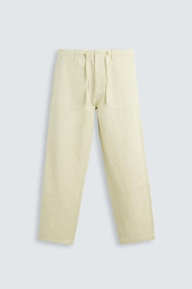 Zara STRAIGHT FIT LINEN COTTON PANTS - Green