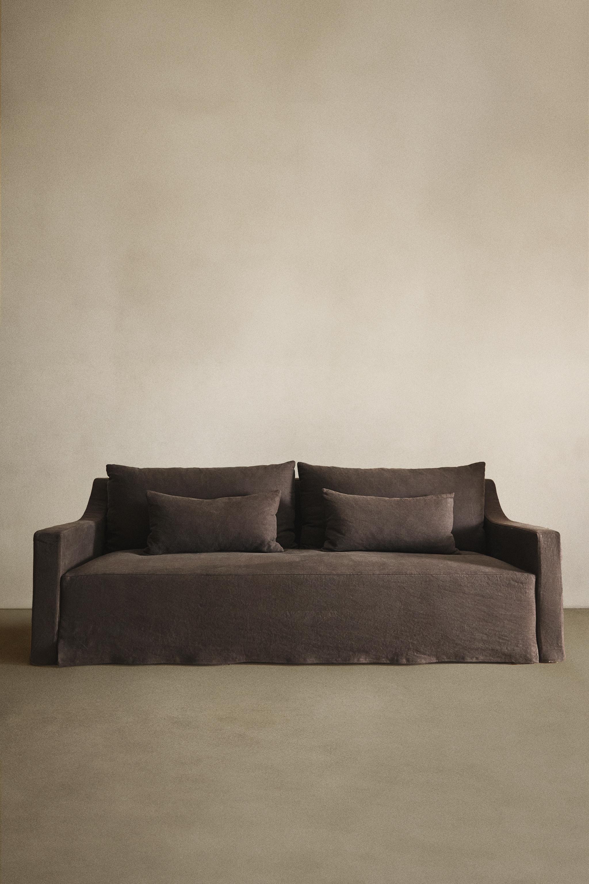 SOFA WITH REMOVABLE WASHED LINEN COVER — Dark brown