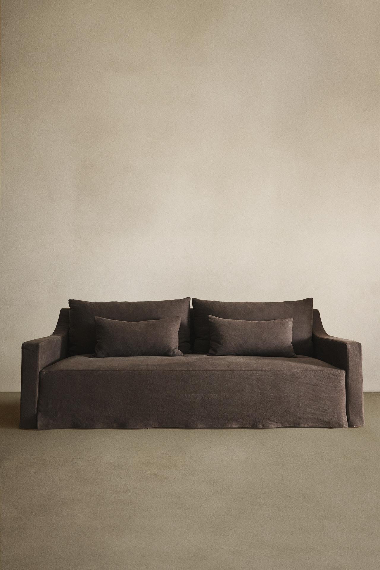 SOFA WITH REMOVABLE WASHED LINEN COVER — Dark brown