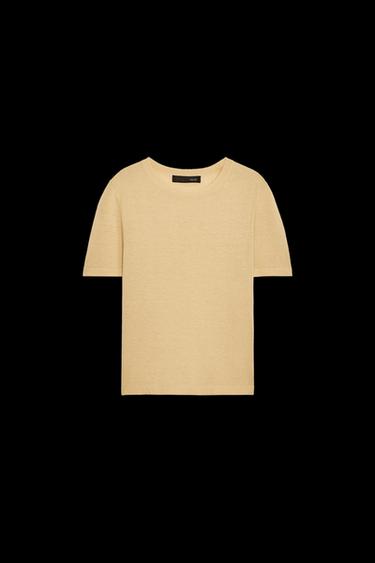 SHORT SLEEVE KNIT LINEN BLEND TOP - Mid-yellow by Zara
