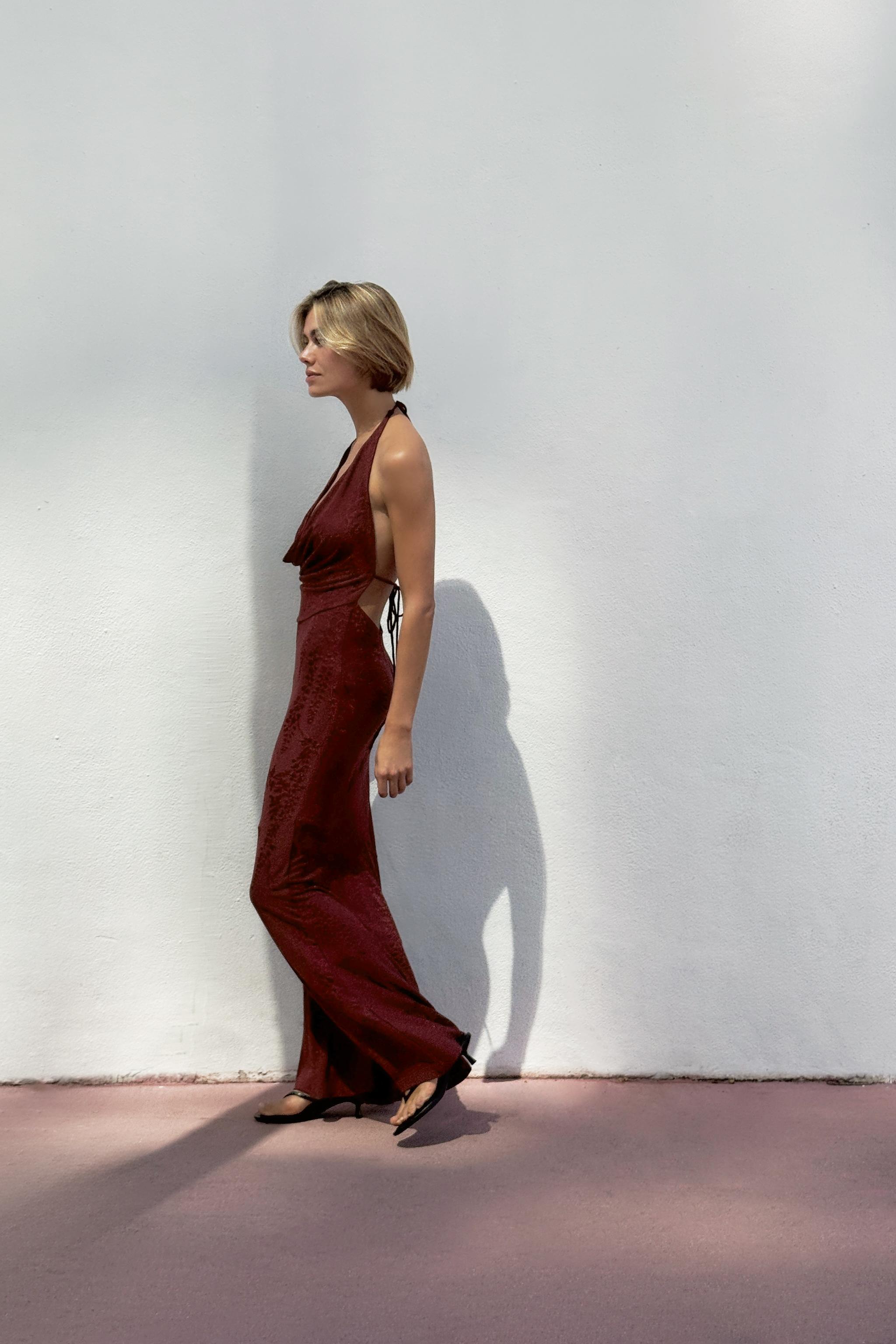 JACQUARD HALTER DRESS - Maroon | ZARA United States JACQUARD HALTER DRESS - Maroon | ZARA United States