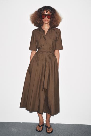 ZW COLLECTION POPLIN DRESS - Brown by Zara - Image 4