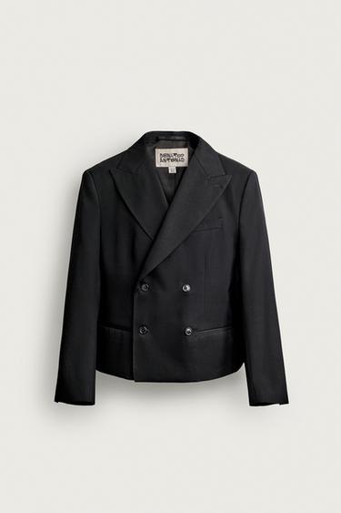 CROPPED FIT 100% WOOL SUIT BLAZER — Black 1