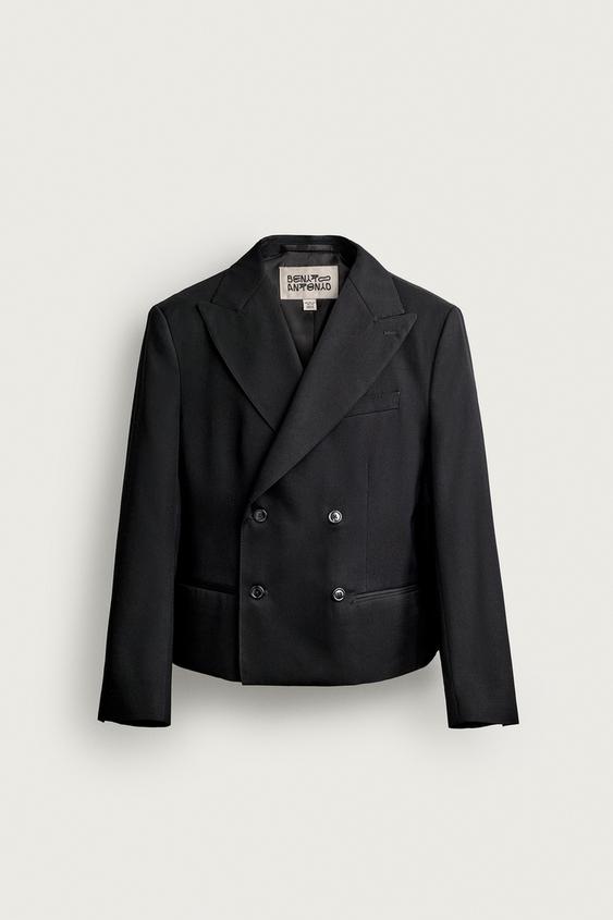 Zara CROPPED FIT 100% WOOL SUIT BLAZER - Black - Image 0