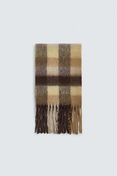 CHECK SCARF WITH FRINGING - Brown by Zara