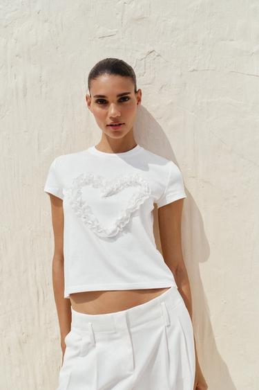 T-SHIRT WITH TEXTURED HEART - White by Zara - Image 1
