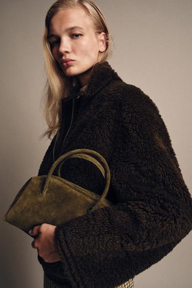 Zara SPLIT LEATHER BOWLING BAG - Khaki Green - Image 0