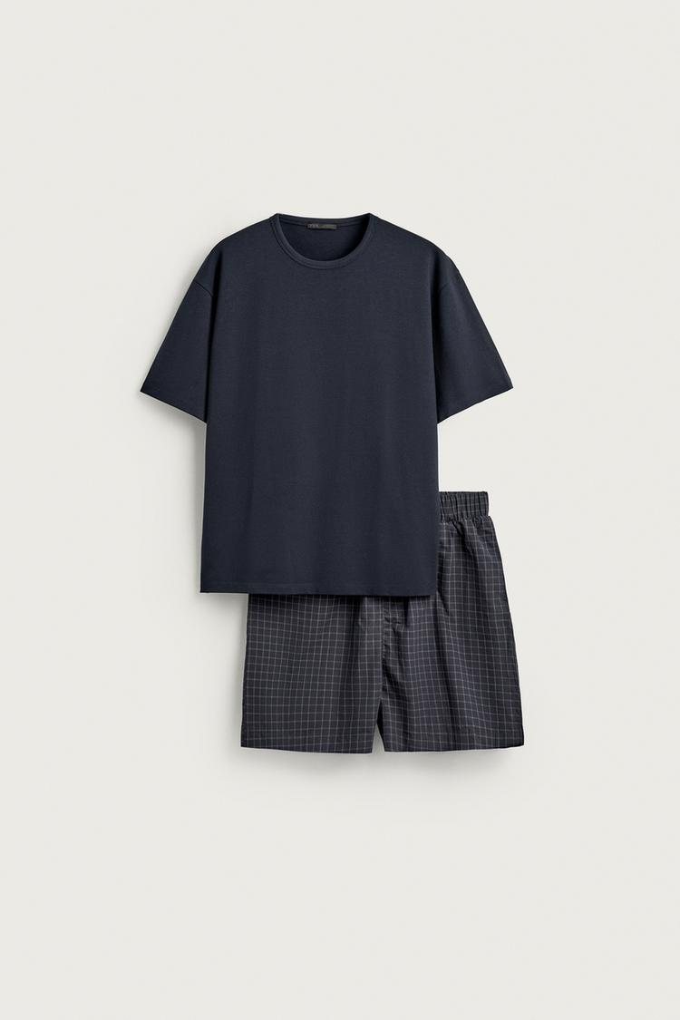 PLAID BERMUDA PAJAMA SET — Navy blue
