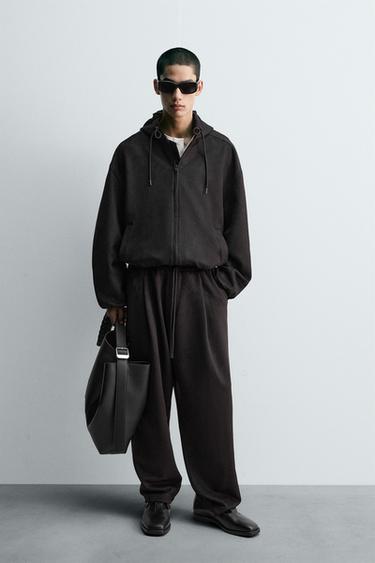 Zara 人造麂皮打褶寬管長褲 - 黑色