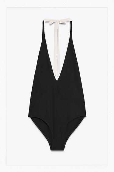 Zara CONTRAST HALTER SWIMSUIT - Black / White