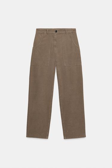 ZW COLLECTION CORDUROY STRAIGHT TROUSERS WITH POCKETS - Brown / Taupe by Zara