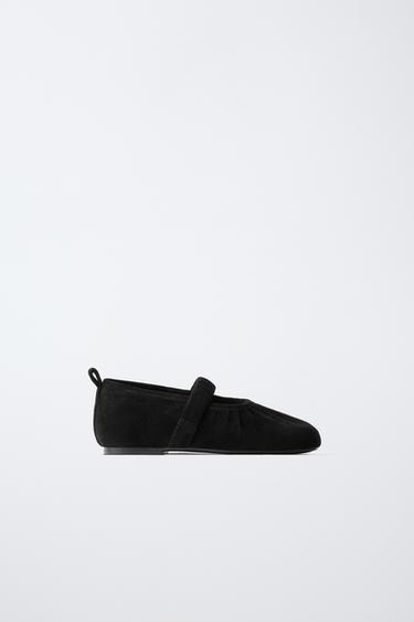 Zara GATHERED LEATHER BALLET FLATS - Black