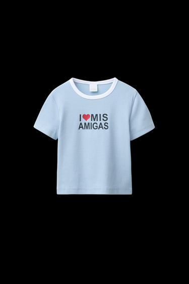 Zara CONTRAST TEXT RIBBED T-SHIRT - Blue - Image 0