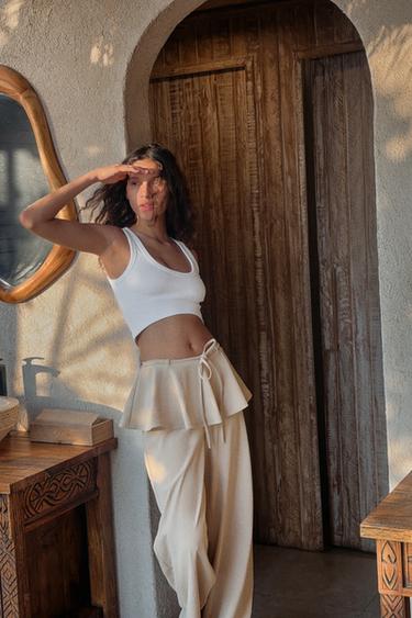 WIDE-LEG TROUSERS WITH WAIST FRILL - Beige by Zara - Image 1