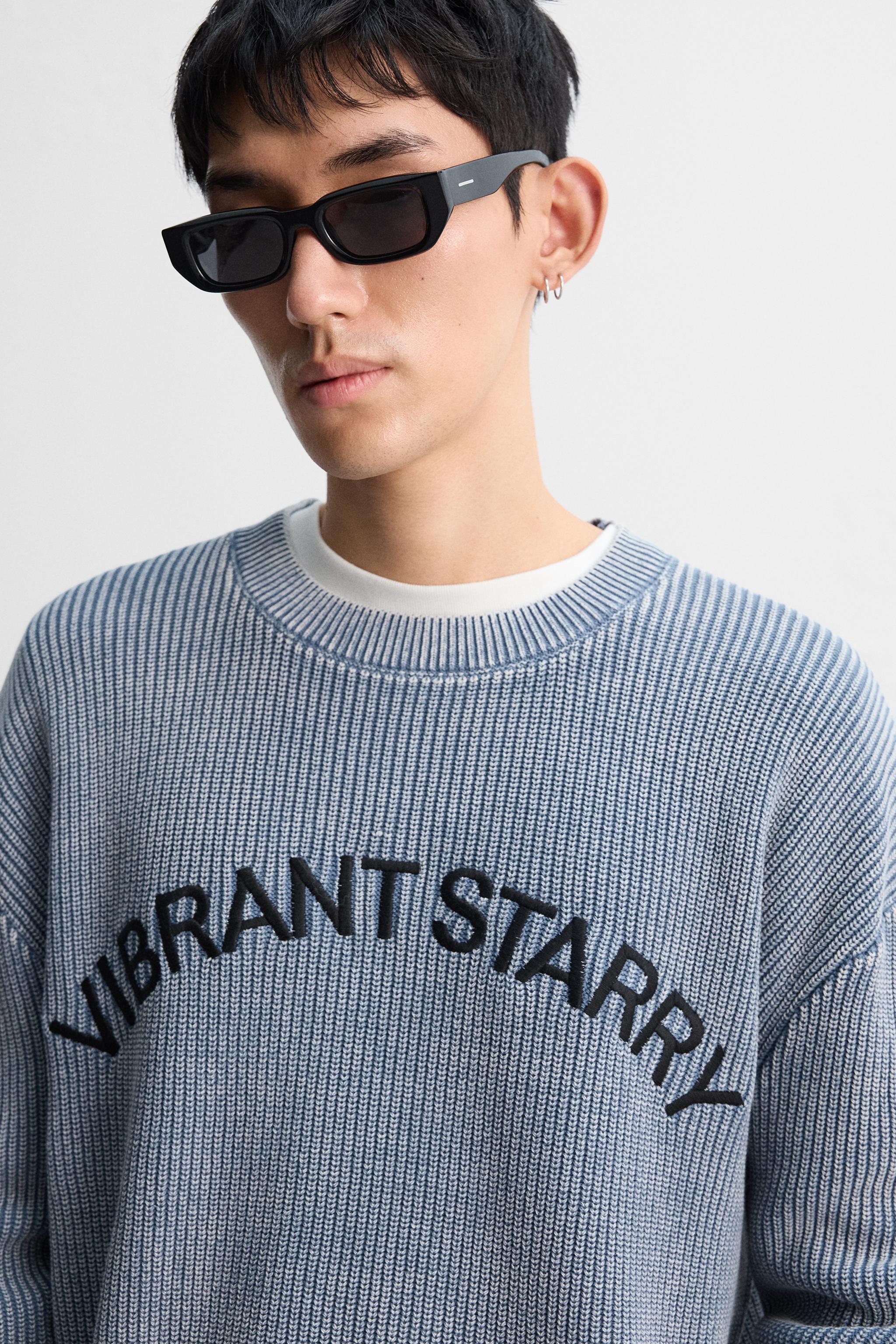 ウォッシュ加工 刺繍テキストセーター - ブルー | ZARA Japan / 日本