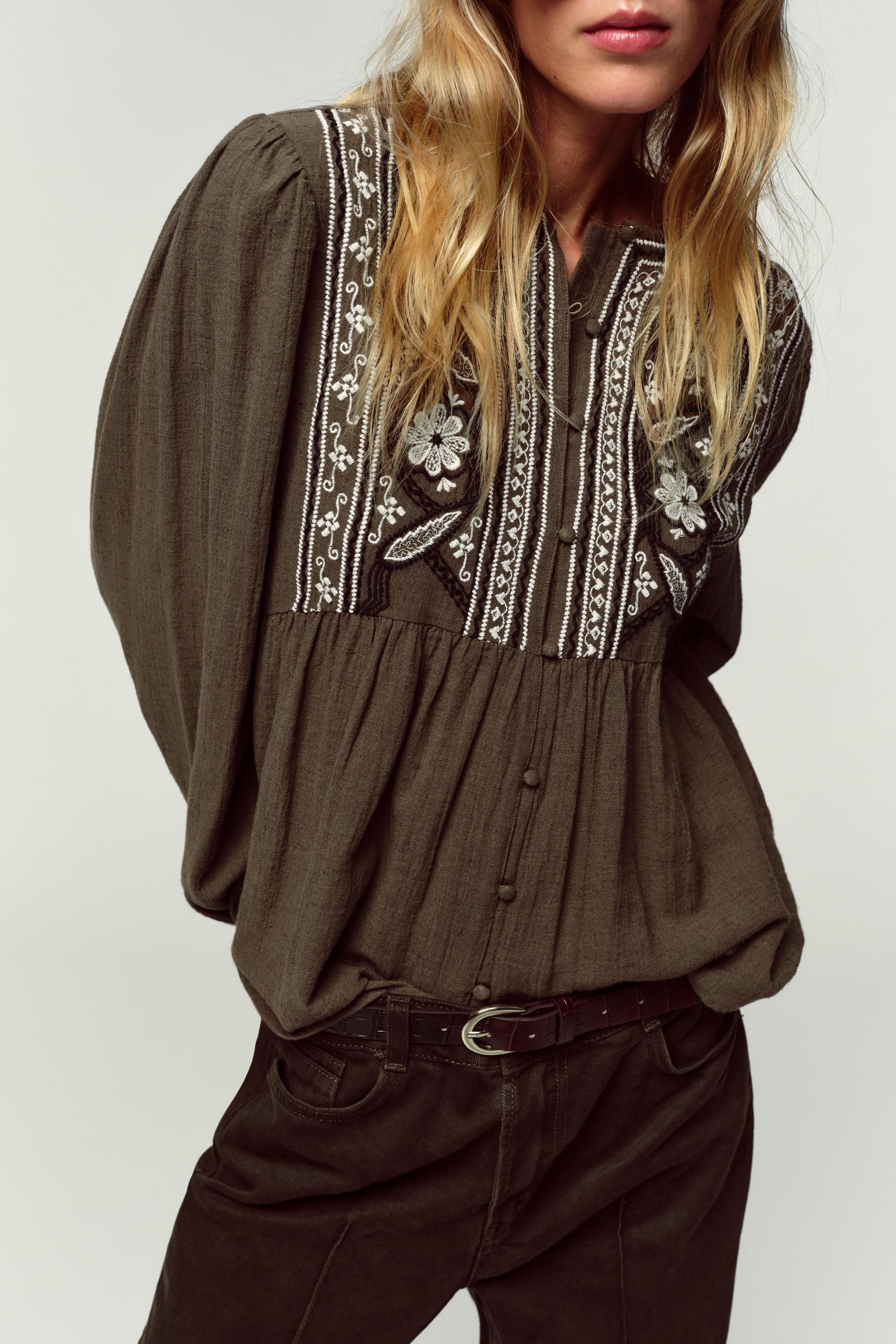 EMBROIDERED BIB BLOUSE - Dark khaki | ZARA South Africa