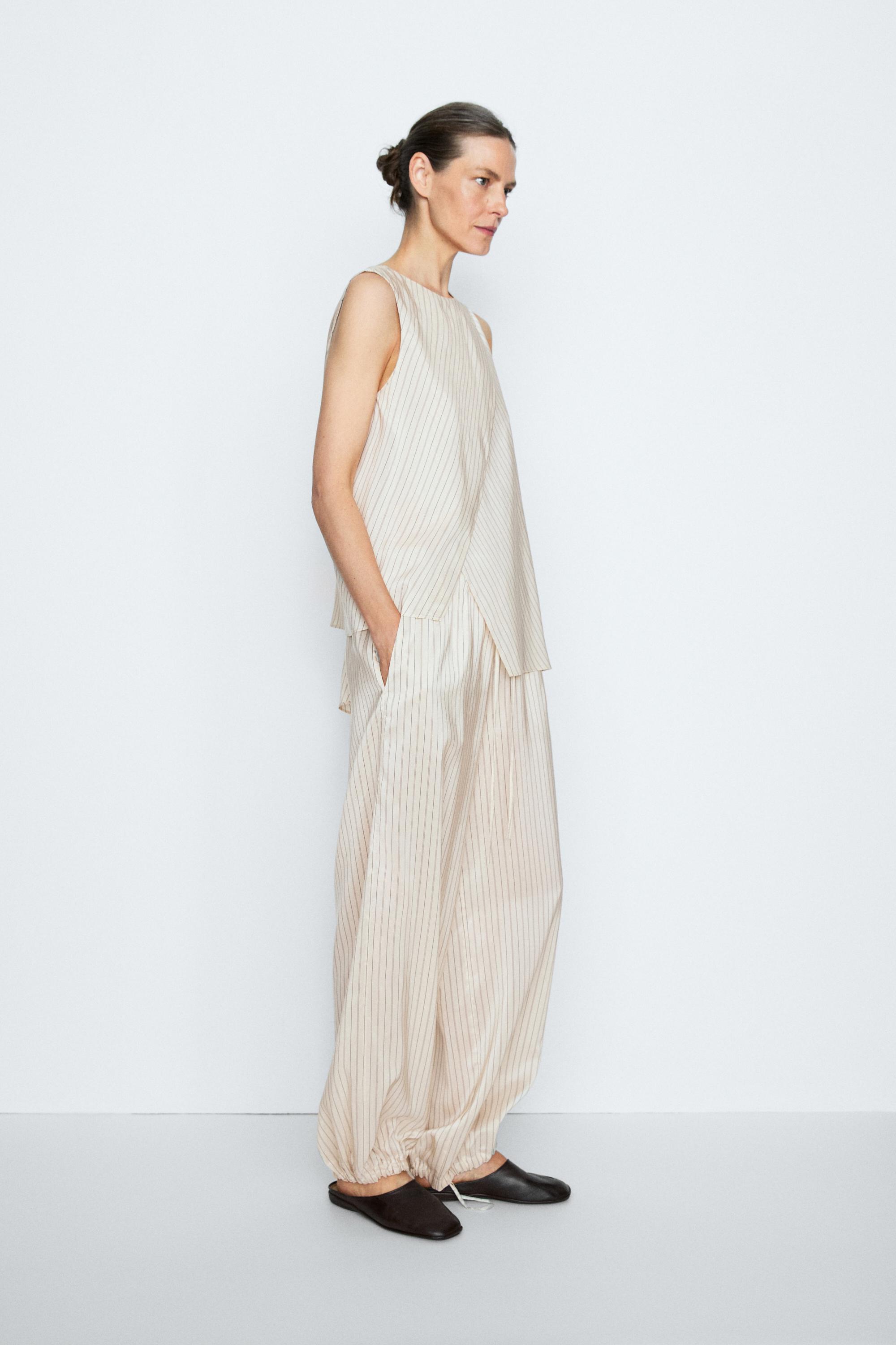 Striped flowing drop crotch pants - STUDIO — Ecru