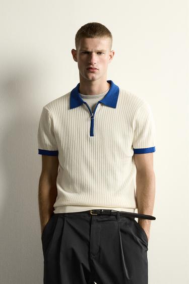 POLO EN MAILLE COLOR-BLOCK À ZIP - Écru de Zara