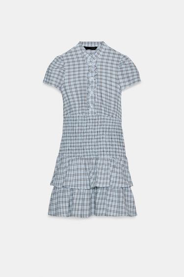 チェック柄フリルミニワンピースブラウンブルーZaraのチェック柄フリルミニワンピース - ブラウンブルー 